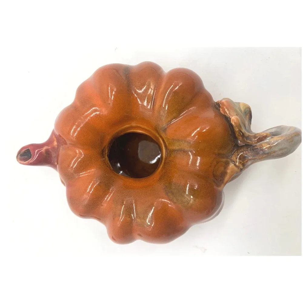 Vintage Pumpkin Teapot Orange Ceramic Fall Harvest Decorative Leaf Lid Small